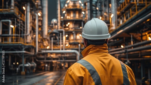 Engineer Technician watching team of workers working in oil refinery with high pressure tanks. Fuel factory technologist. Generative AI.