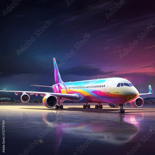 A Colorful plane waiting at the airport.