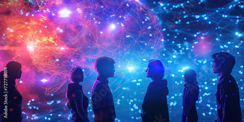 Connected in the Data Sphere  A Group of People Stand within a Blue Data Sphere  Symbolizing the Interconnectedness of Technology and Data Connections