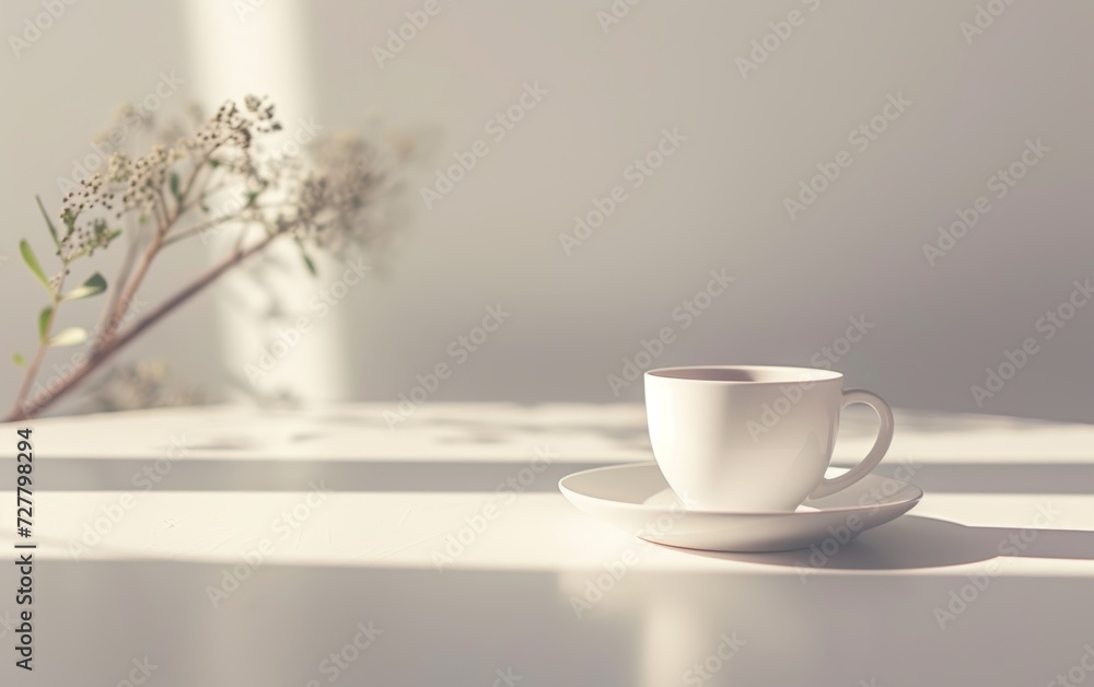 A tranquil setting featuring a cup of coffee on a table, bathed in soft natural light with a subtle floral arrangement. A tranquil setting featuring a cup of coffee on a table, bathed in soft natural light with a subtle floral arrangement.