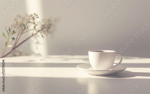 A tranquil setting featuring a cup of coffee on a table, bathed in soft natural light with a subtle floral arrangement.
