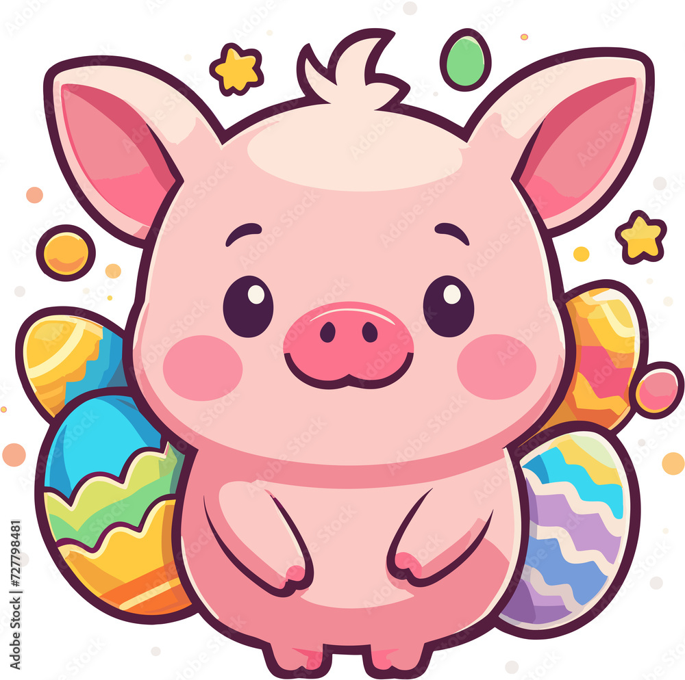 Fototapeta premium : Happy easter adorable baby pink pig cartoon with egg png, cute cartoon clipart for nursery, children's book, party, kid-friendly character, baby shower, birthday, whimsical style, happy theme