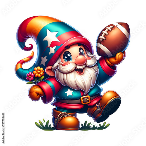 A cute gnome dressed in a colorful outfit  holding a tiny American football  is in the midst of a winning team celebration. The gnome is smiling broadly  with a pointed hat  a curly beard