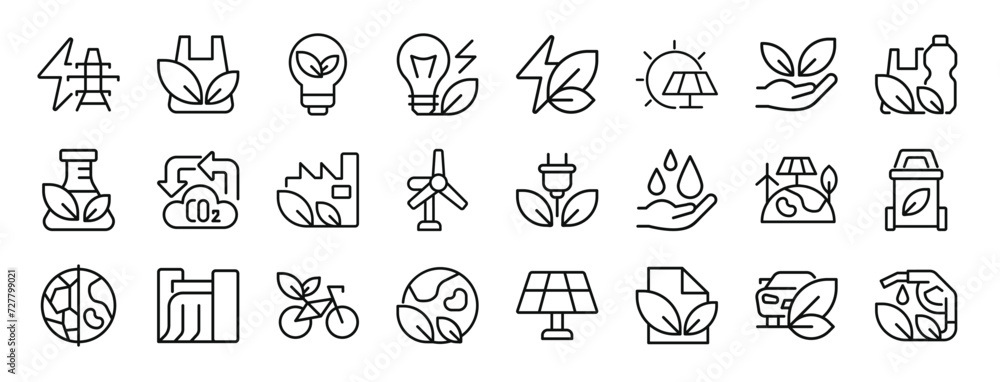 set of 24 outline web ecology icons such as power line, plastic bag, electricity, power, electricity, sun energy, gardening vector icons for report, presentation, diagram, web design, mobile app