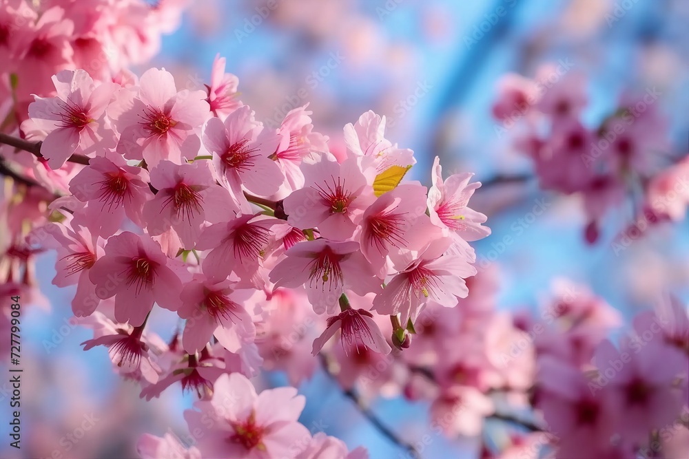 Selective focus of beautiful branches of pink Cherry blossoms on the tree under blue sky, Beautiful Sakura flowers during spring season in the park, Flora pattern texture. generative ai. Selective focus of beautiful branches of pink Cherry blossoms on the tree under blue sky, Beautiful Sakura flowers during spring season in the park, Flora pattern texture. generative ai.