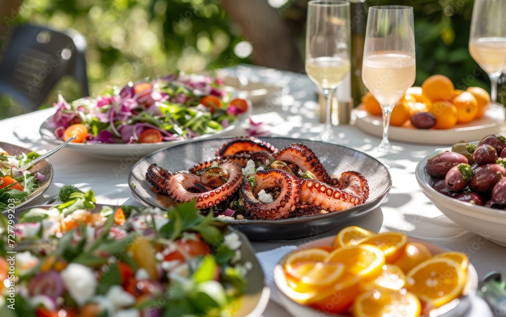 Sun-kissed Mediterranean feast featuring grilled octopus garnished with parsley, served with a colorful array of sides. Sun-kissed Mediterranean feast featuring grilled octopus garnished with parsley, served with a colorful array of sides.
