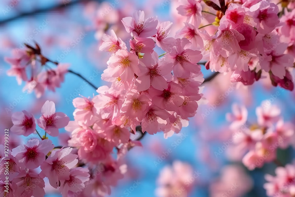 Selective focus of beautiful branches of pink Cherry blossoms on the tree under blue sky, Beautiful Sakura flowers during spring season in the park, Flora pattern texture. generative ai. Selective focus of beautiful branches of pink Cherry blossoms on the tree under blue sky, Beautiful Sakura flowers during spring season in the park, Flora pattern texture. generative ai.