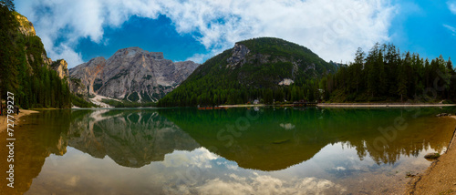 Panoramic photo of Lago di Braies  Pragser Wildsee in the Dolomites.