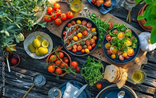 An overhead view of a garden-fresh tomato salad  featuring a colorful medley of heirloom tomatoes  on a rustic wooden table.