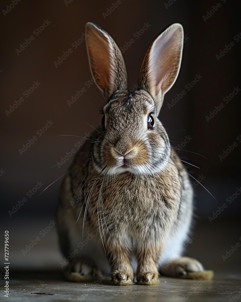 Portrait of a cute little brown rabbit on a dark background.