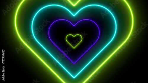  Radial Concentric Beating Heart Icon with Pink Neon Light Effect Isolated on Black Background. Valentines day design element. Glowing neon heart.