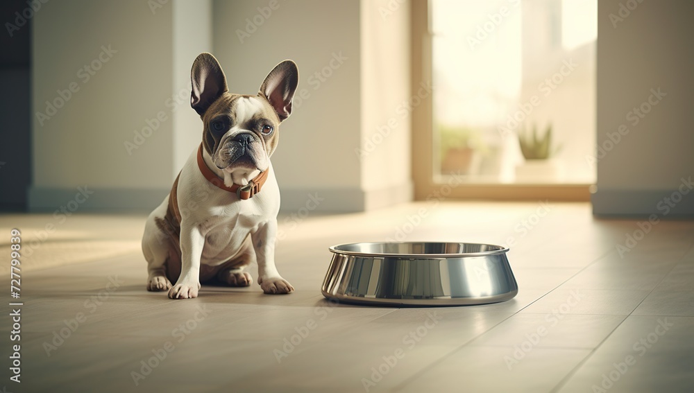 French bulldog sitting on the floor next to a bowl of food