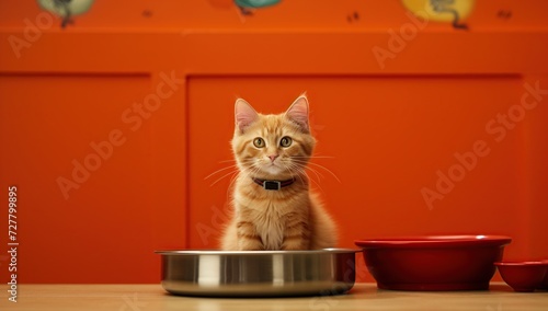 Cute ginger cat sitting next to a bowl of food in the kitchen