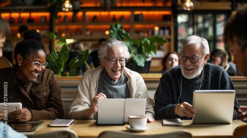 A group of elderly friends share laughter and joy while using tablets in a cozy cafe setting. photo