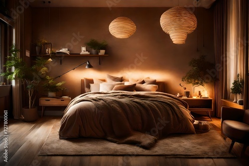 A cozy bedroom with warm, earthy tones, plush bedding, and soft lighting creating a tranquil atmosphere