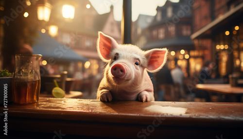 Recreation of a happy small pig in a pub