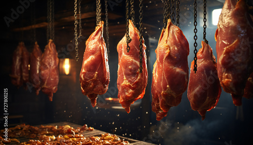 Recreation of pig meat pieces hanging in a butcher