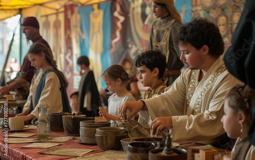 Children in period costumes participating in a historical workshop, focused on traditional crafts.