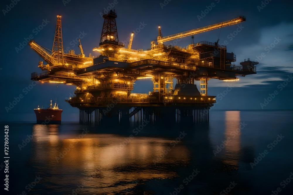 The glow of lights from an oil platform at night, with the reflection shimmering on the calm ocean surface, creating a serene and captivating scene.