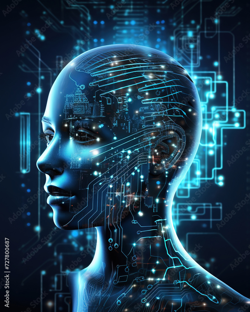 The face of an android woman, covered with microchips, against the background of IT equipment. An allegory of AI intelligence. A woman's face with a polygonal light. The face of an android woman, covered with microchips, against the background of IT equipment. An allegory of AI intelligence. A woman's face with a polygonal light.