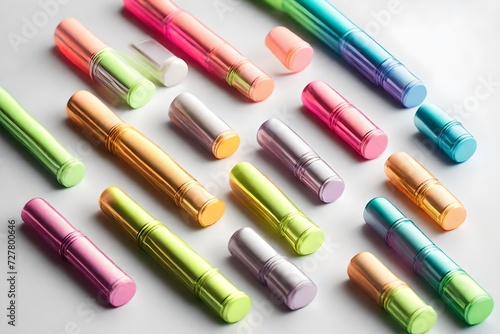 A dynamic set of minimalistic highlighters in bright, neon colors, featuring sleek packaging
