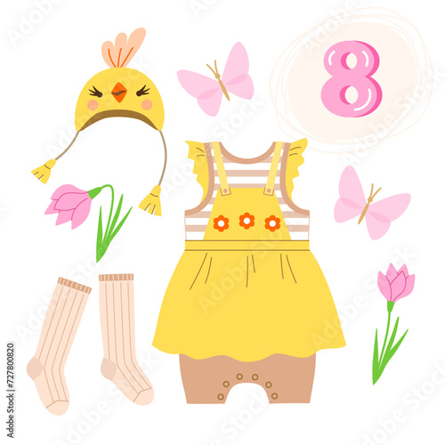 Set of summer clothes for baby: sundress with straps, pants, knee socks, hat with chicken face, bell flowers, butterflies, number eight. Accessories for baby girls birthday party for eight months.