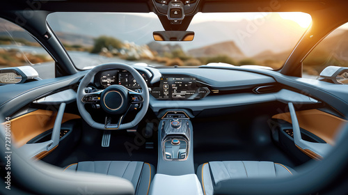 Interior and steering wheel car concept. Generative AI.