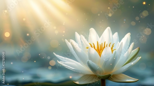 Elegant blooming white lotus flower on floating water with empty space. AI generated image