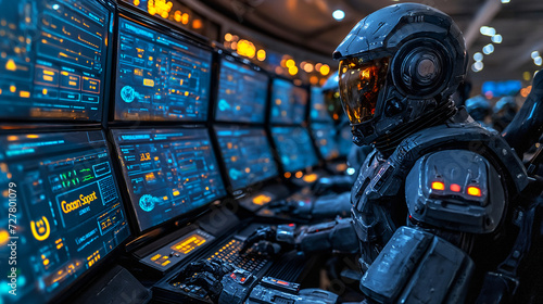 futuristic soldier in black armor sits at a control panel with multiple glowing screens, suggesting advanced technology and combat readiness photo