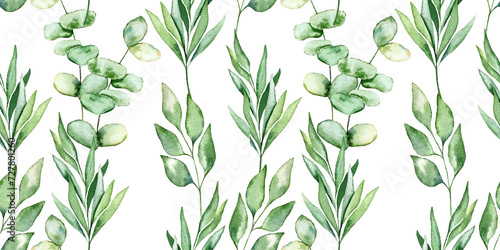 Watercolor seamless pattern eucalyptus leaves light green floral botany design textile  wallpaper