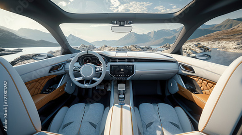Interior and steering wheel car concept. Generative AI.