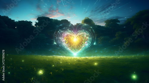 Colorful fantasy heart light beam green forest field.