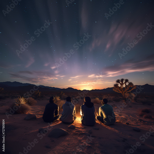 A group of friends stargazing in the desert.