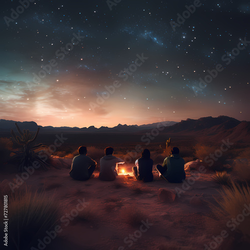 A group of friends stargazing in the desert. © Cao