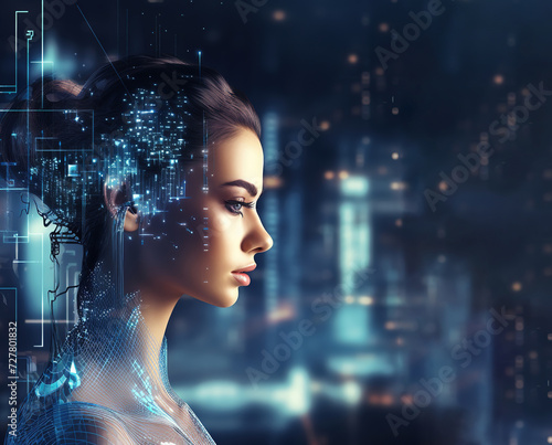 The face of an android woman  covered with microchips  against the background of IT equipment. An allegory of AI intelligence. A woman s face with a polygonal light.