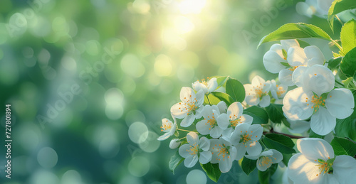 Spring nature freshness background  Flowering cherry apple tree branch in spring garden with bright white flowers on green bokeh background