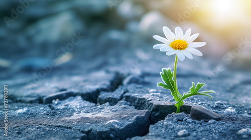 single daisy stands tall on cracked earth, backlit by the sun, epitomizing hope amidst adversity © weerasak