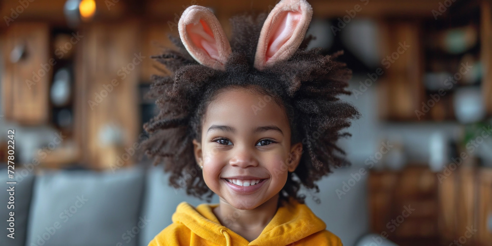 A joyful African toddler, dressed for Easter, wears bunny ears, radiating happiness and playfulness. A joyful African toddler, dressed for Easter, wears bunny ears, radiating happiness and playfulness.