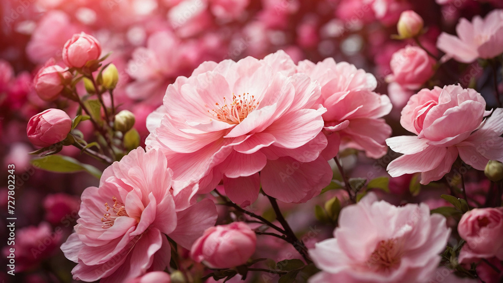 Obraz premium A vibrant pink floral background with a serene garden scene where delicate blossoms sway in the breeze and creating a symphony of colors and fragrances