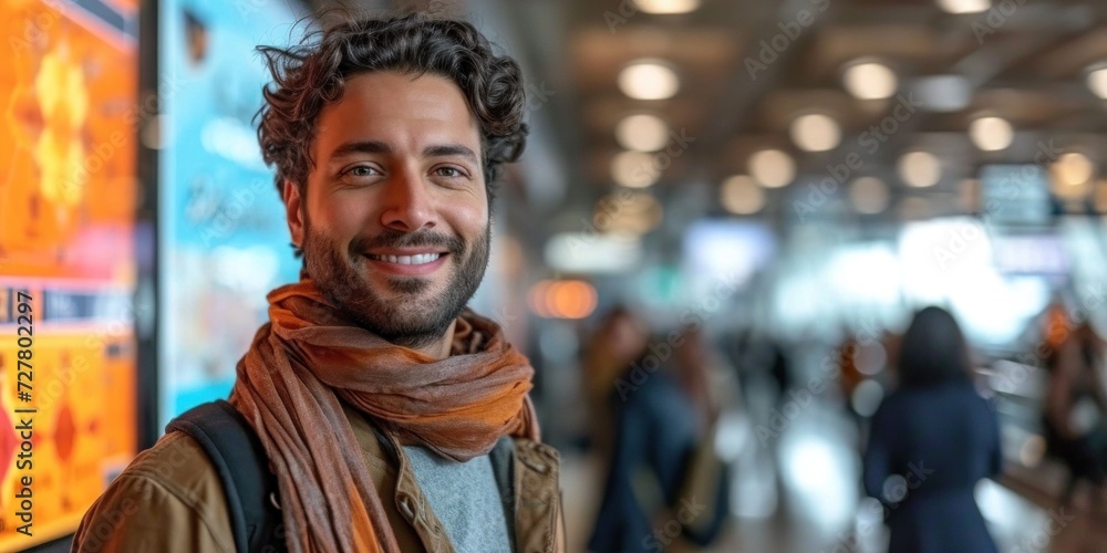 A cheerful and content traveler, a young man at the airport, confidently waiting for departure.