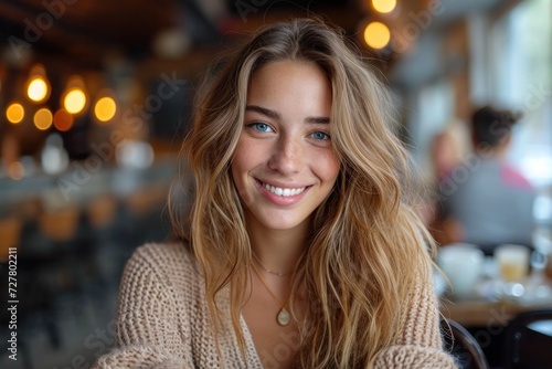 A pretty, smiling woman exudes tenderness in a romantic cafe setting, radiating happiness and style.