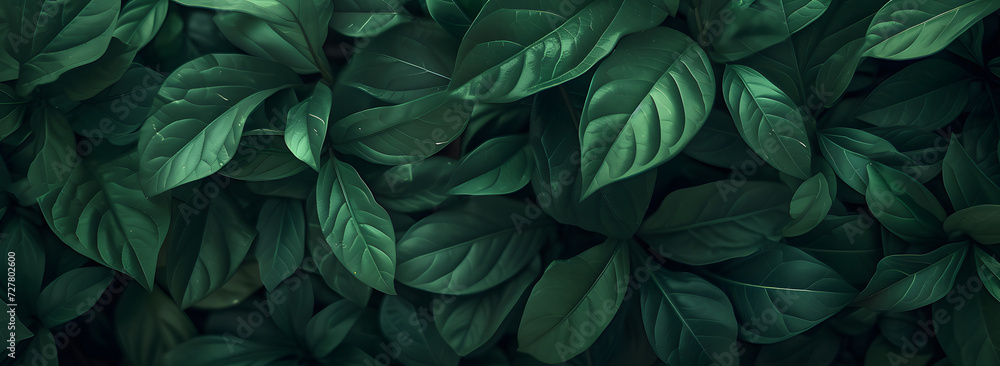 A nature background featuring an abstract green leaf texture. The image showcases dark green tropical leaves in close-up, revealing layered textures and various elements of tropical flora. A nature background featuring an abstract green leaf texture. The image showcases dark green tropical leaves in close-up, revealing layered textures and various elements of tropical flora.