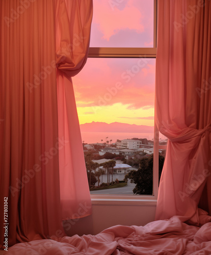 Window and orange curtains with view on sunset in the town.