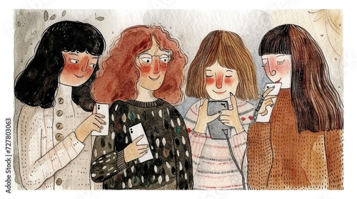 calling up old friends on the telephone. friendship. watercolor.