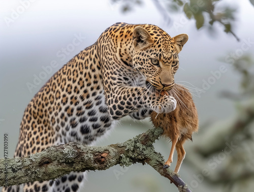 Leopard (Panthera pardus) in a natural environment on a tree eating a gazelle, Africa, AI generated © David Brown
