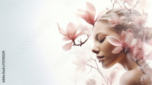 Double composition portrait of a blonde woman with close eyes and delicately pink flowers. Close up. White background. Copy space.
