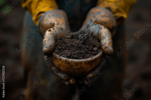 An image of a farmer's weathered hands, stained with soil and hard work, portraying the authentic essence of agricultural life. Concept of genuine labor. Generative Ai.