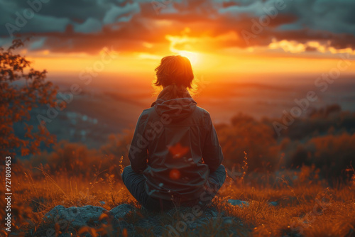 A candid shot of a person lost in thought while gazing at a sunset, reflecting the authentic moments of introspection and solitude. Concept of genuine self-reflection. Generative Ai.