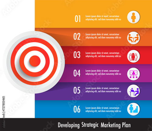 Red Success Target Icon Set with 6 step infographic  of strategic marketing plan Business and icon Symbols design