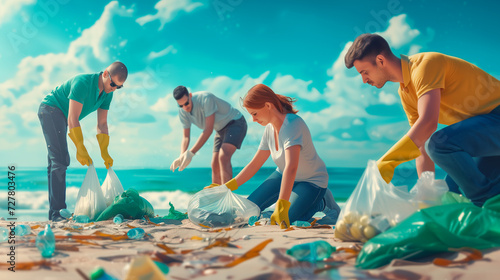 Teenager volunteers cleaning sea beach area from the trash, picking up trash in plastic bags on the beach on a sunny day. Generative AI